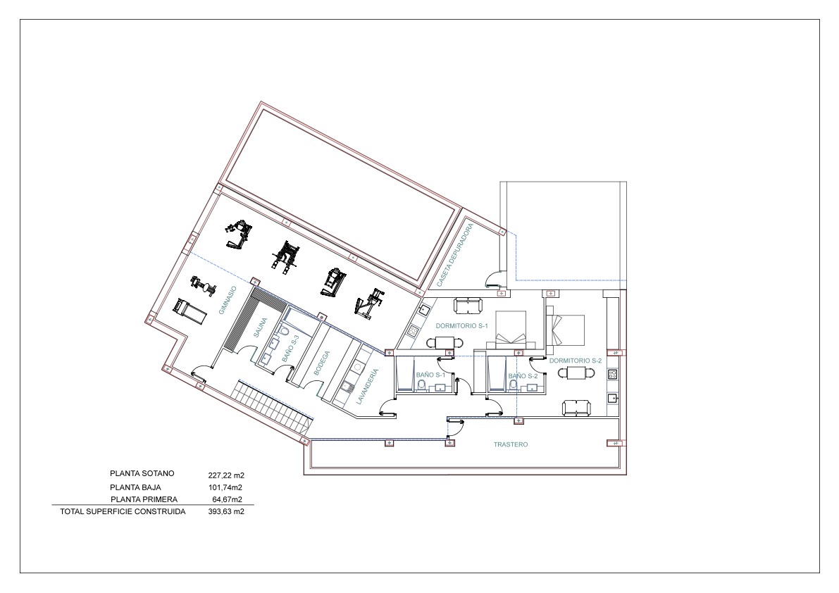 Plan technique du sous-sol illustrant une salle de sport, un sauna, une cave à vin, une buanderie et deux chambres avec salles de bains attenantes.