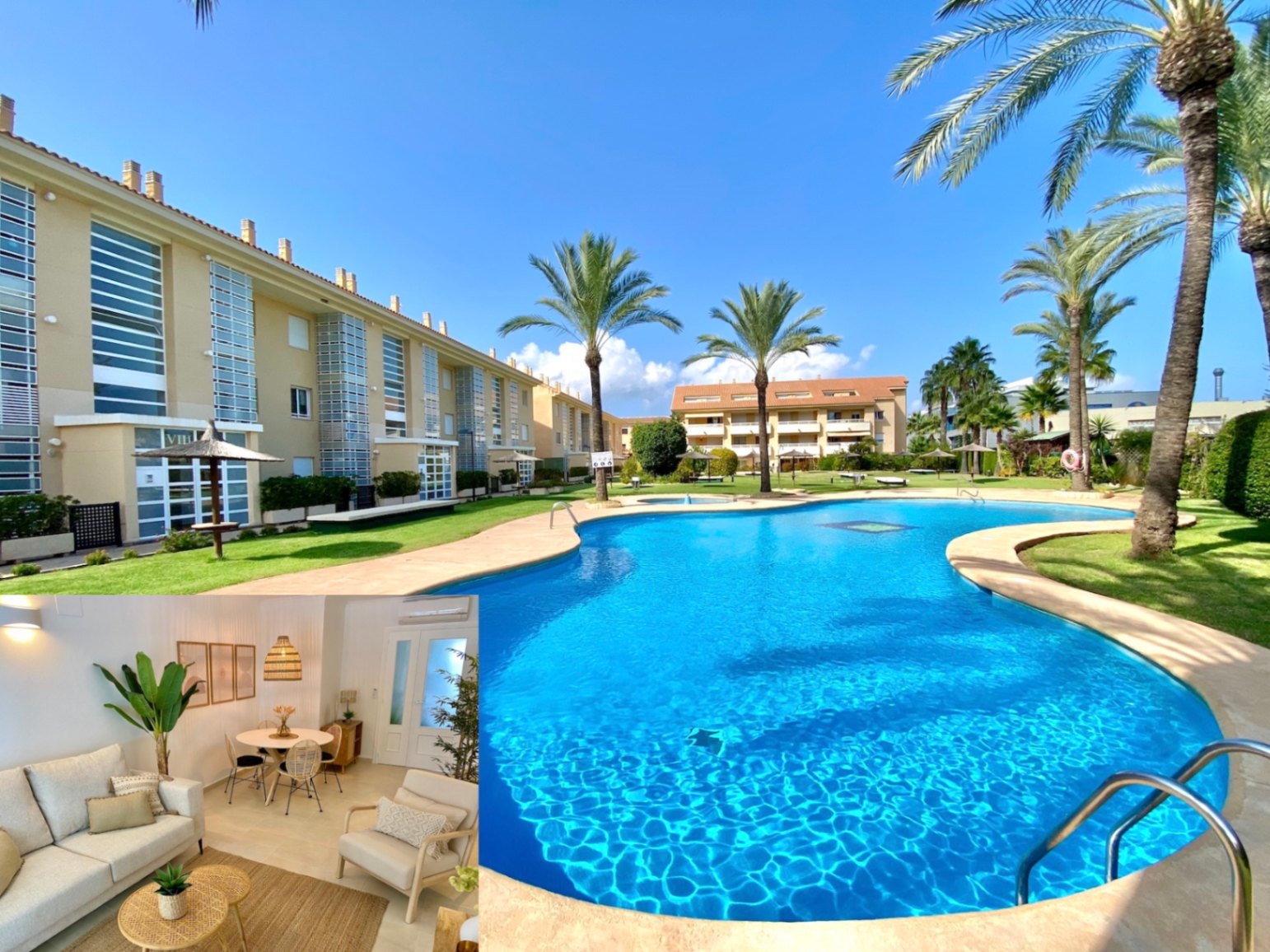Grande piscine incurvée entourée de pelouses et de palmiers, avec un aperçu d'un salon-salle à manger lumineux aux tons neutres et décorations en fibres naturelles.