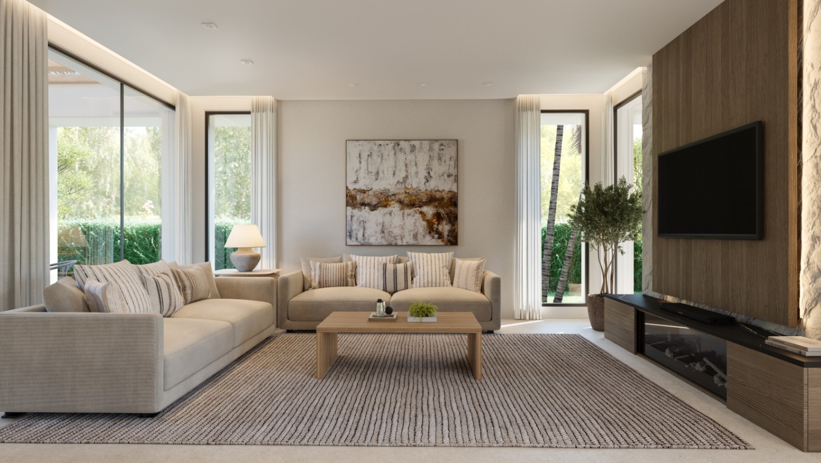 Salon contemporain avec canapés beiges, table basse en bois et mur multimédia avec cheminée intégrée. De larges baies vitrées offrent une vue sur le jardin.