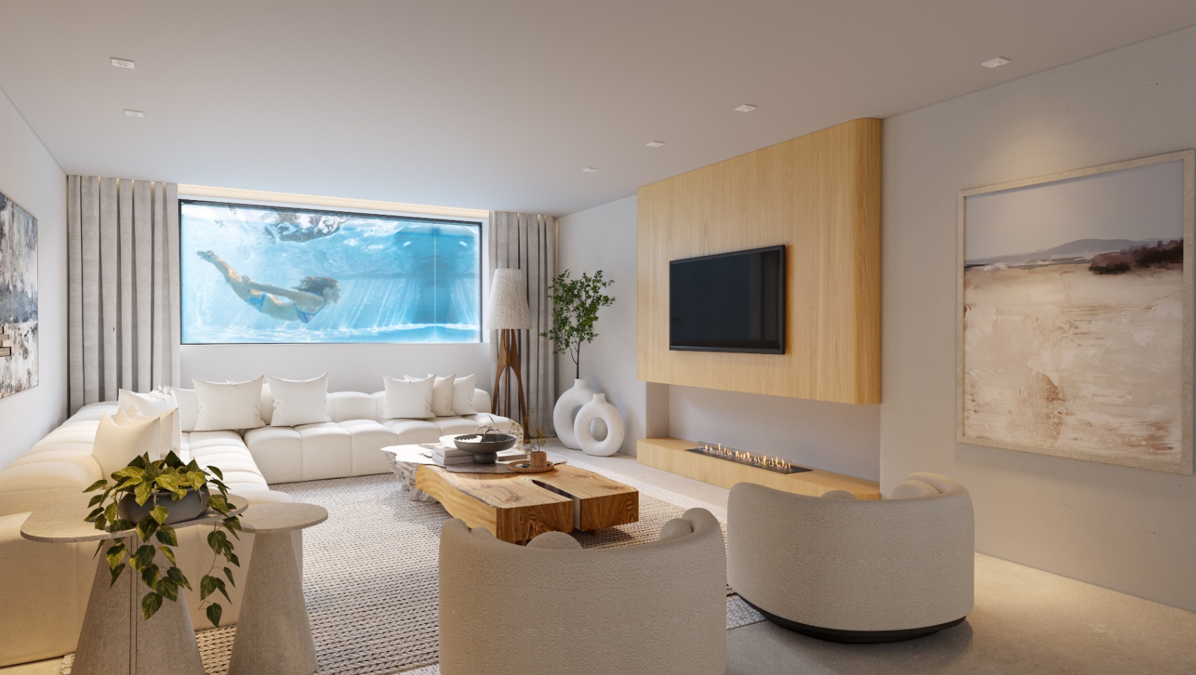 Salon contemporain avec fenêtre de piscine subaquatique, cheminée linéaire intégrée dans un panneau en bois et mobilier aux tons neutres avec table en bois brut.