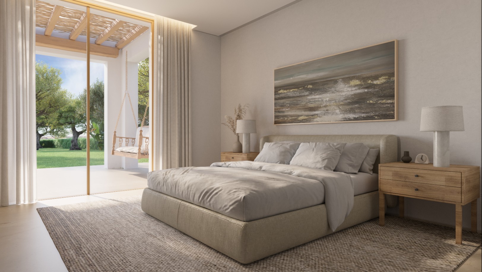 Chambre moderne avec lit capitonné, tables de chevet en bois et accès direct à une terrasse privée avec balancelle et vue sur le jardin.