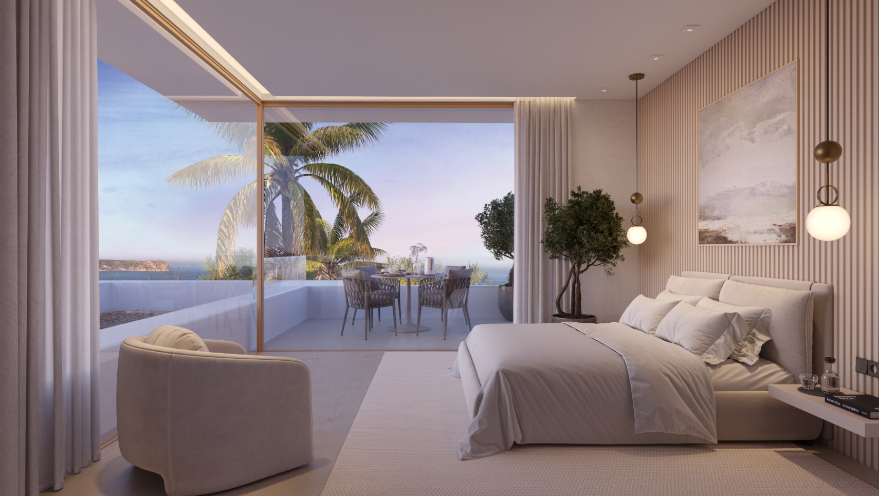 Chambre principale avec murs en lattes de bois, luminaires suspendus et grandes baies vitrées ouvrant sur une terrasse privée avec vue sur mer et palmiers.