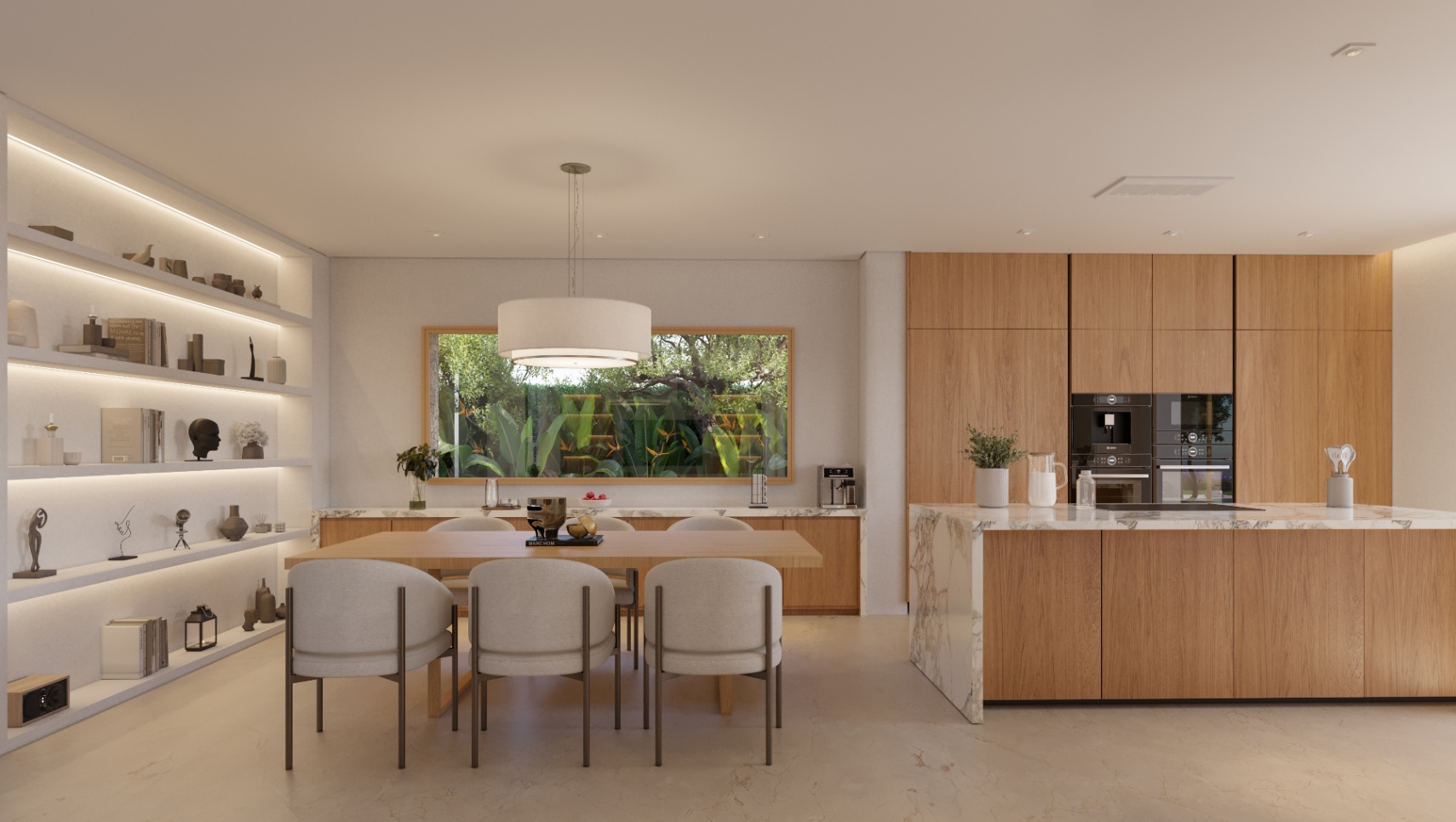 Cuisine et salle à manger à aire ouverte avec îlot en marbre, menuiserie en bois, électroménagers intégrés et étagères rétroéclairées près d'une fenêtre panoramique.