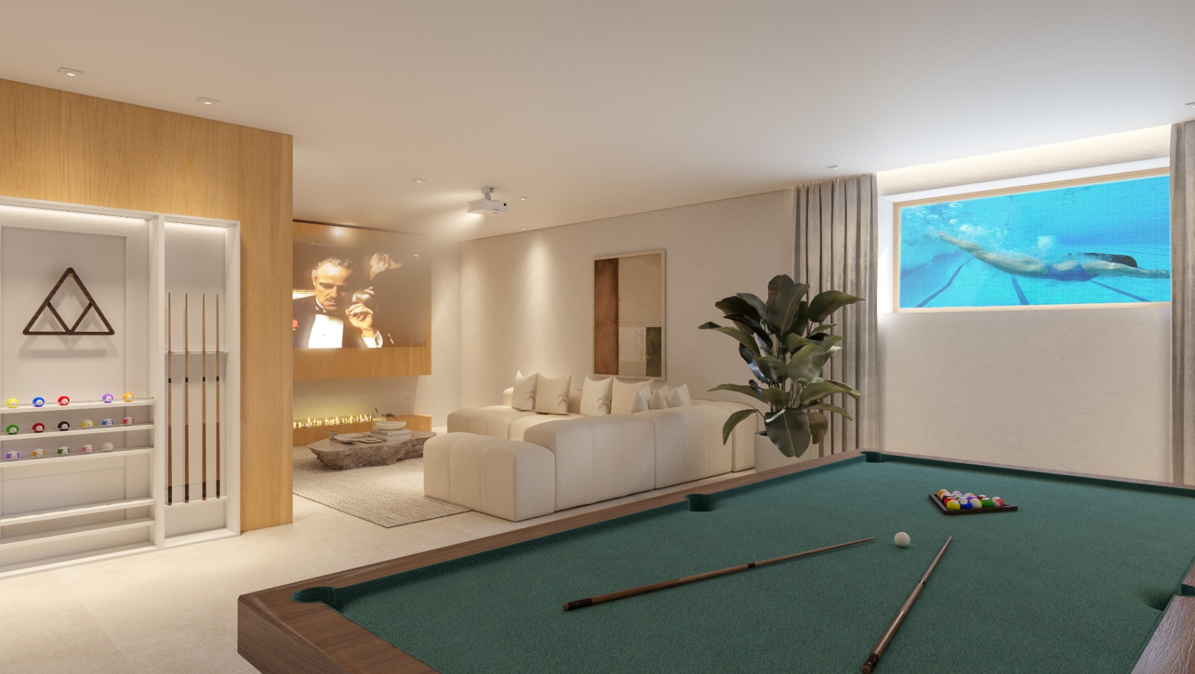 Espace de loisirs comprenant un billard professionnel, un salon de cinéma et une fenêtre subaquatique offrant une vue sur la piscine.
