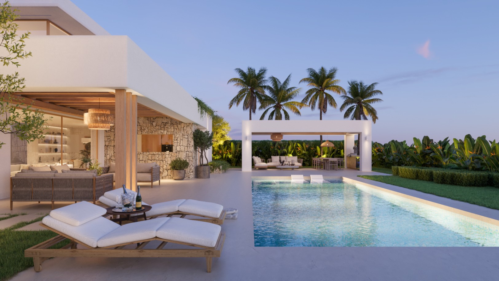 Espace extérieur moderne avec piscine, bains de soleil en bois et terrasse couverte ornée de murs en pierre naturelle et d'un éclairage d'ambiance.