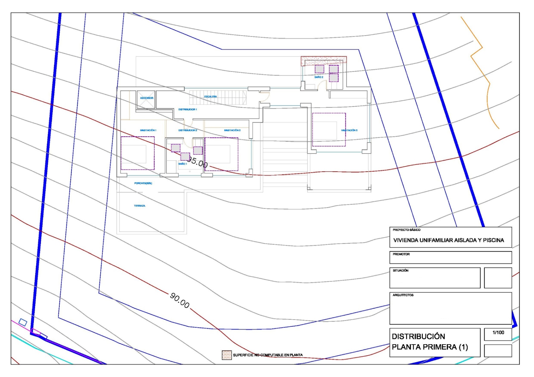 Plan architectural détaillé du premier étage, comprenant trois chambres, deux salles de bains, un ascenseur et une grande terrasse extérieure.