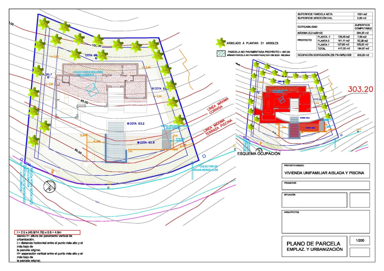 Plan technique d'implantation et d'urbanisation illustrant la topographie du terrain, l'emprise au sol de la villa, la zone piscine et la plantation de 21 arbres.