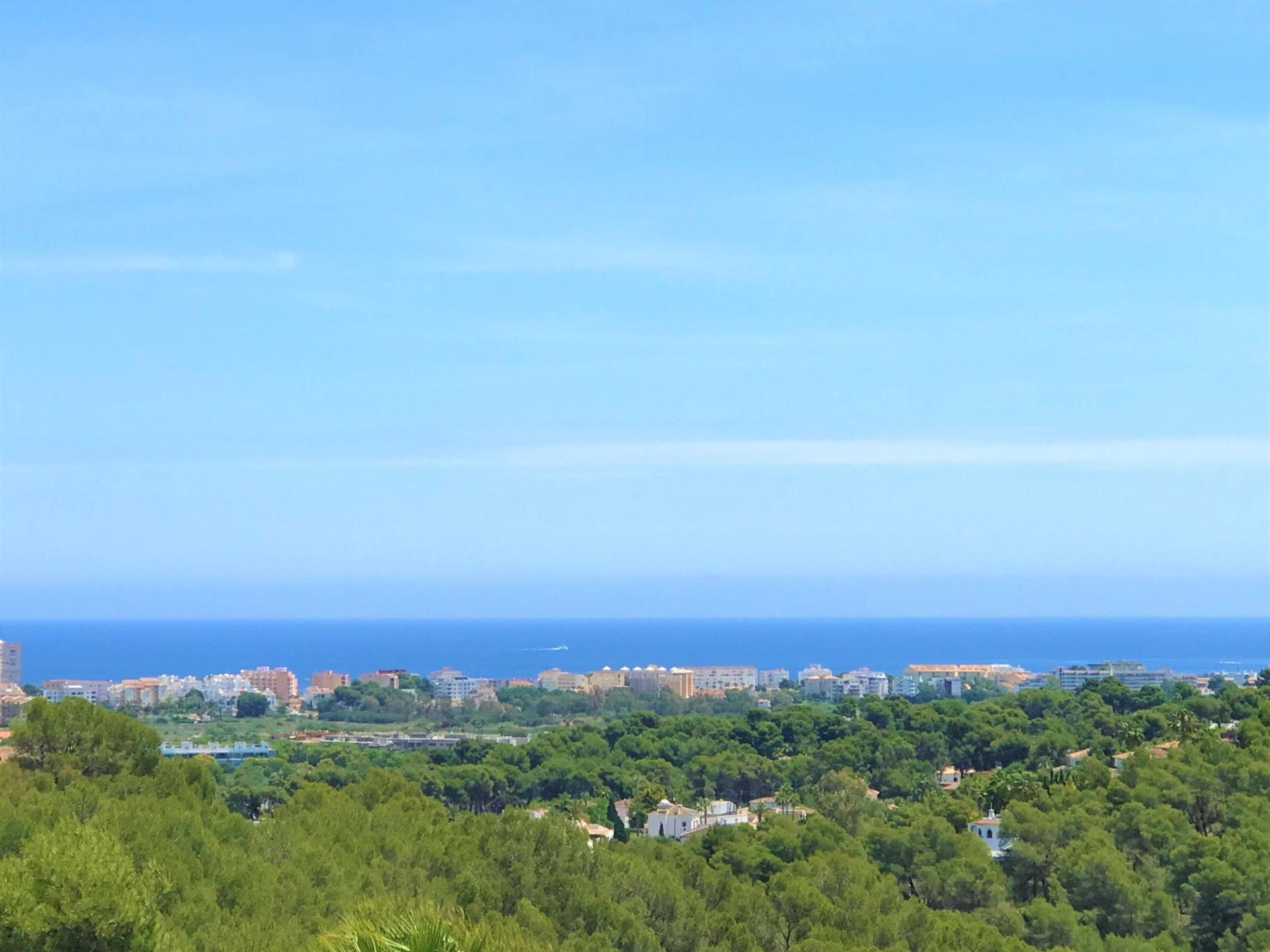 Vue panoramique sur le littoral méditerranéen, avec une pinède dense au premier plan et des bâtiments côtiers sous un horizon bleu clair.