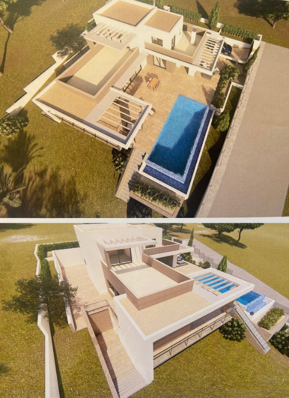 Rendu architectural d'une villa moderne à plusieurs niveaux avec piscine à débordement, vastes terrasses en pierre et pergolas intégrées dans un jardin paysager.