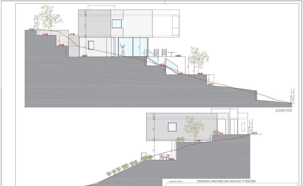 Dessin d'élévation architecturale d'une villa moderne sur terrain en pente, présentant des volumes en porte-à-faux et des niveaux en terrasses.