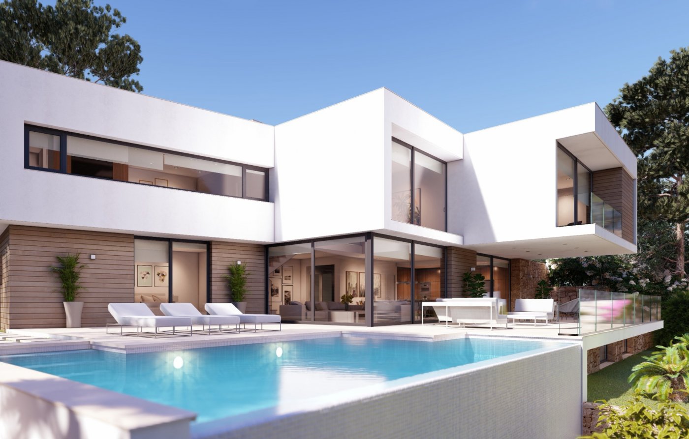 Extérieur de villa moderne aux volumes cubistes blancs, accents en bois et piscine à débordement. La terrasse dispose de bains de soleil et de larges baies vitrées.