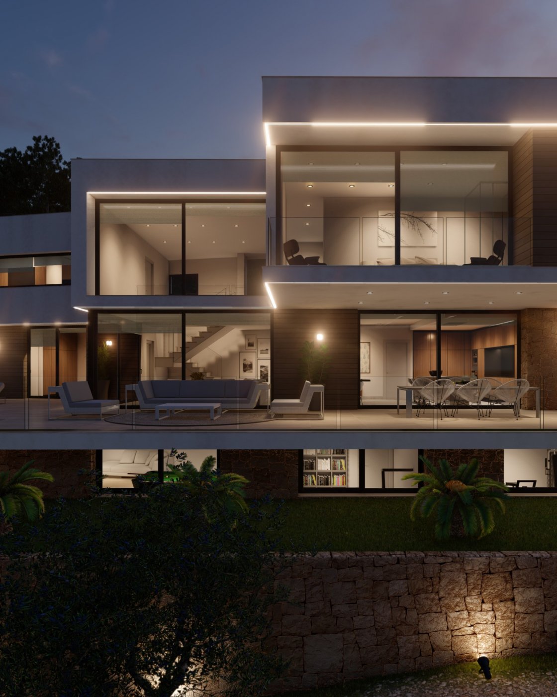Façade de villa moderne au crépuscule avec baies vitrées toute hauteur, éclairage LED linéaire, terrasse avec mobilier lounge et soubassement en pierre.