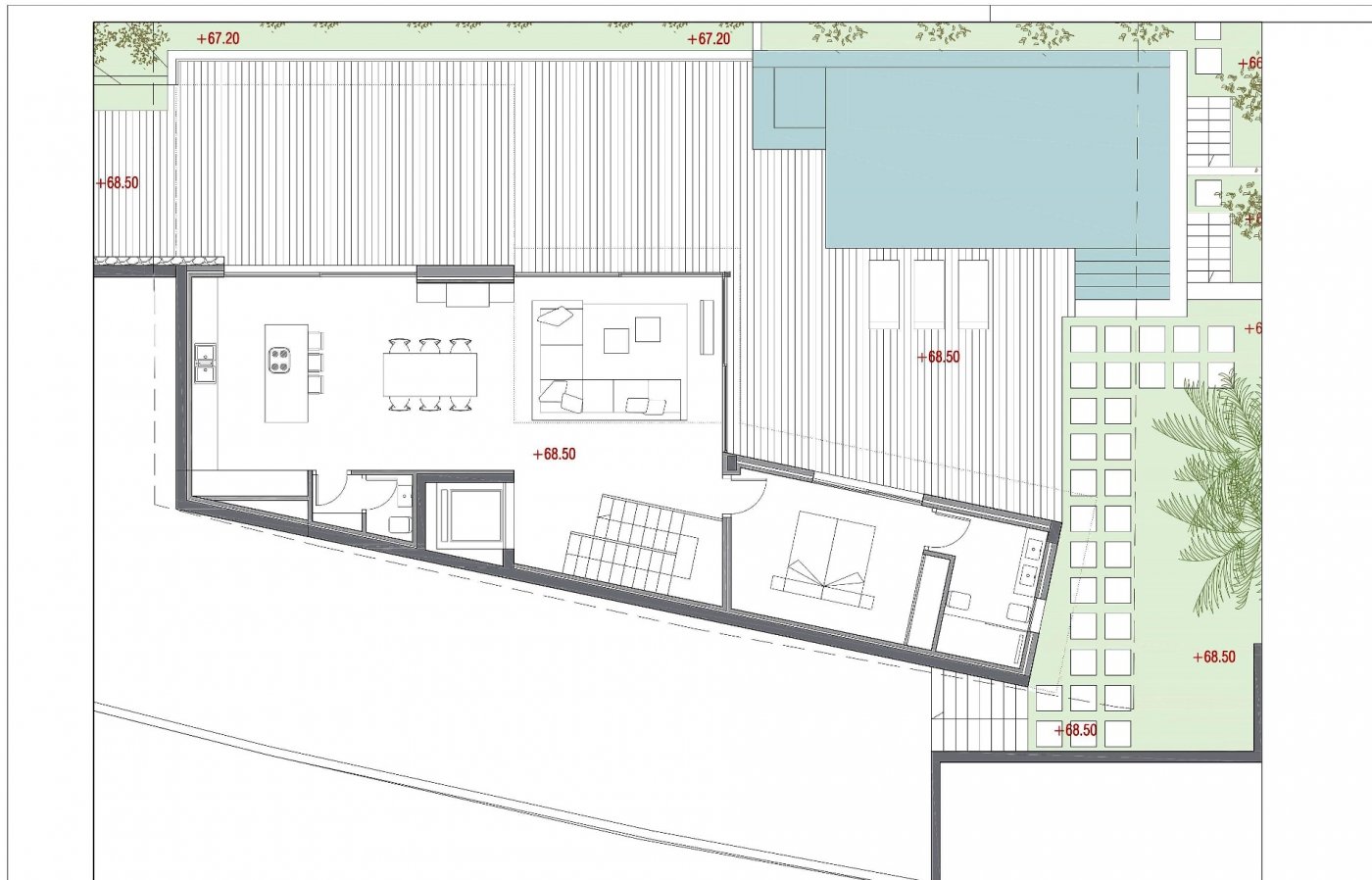 Plan architectural détaillé comprenant une cuisine ouverte, un séjour, une suite parentale et une vaste terrasse avec piscine privée et revêtement en bois.