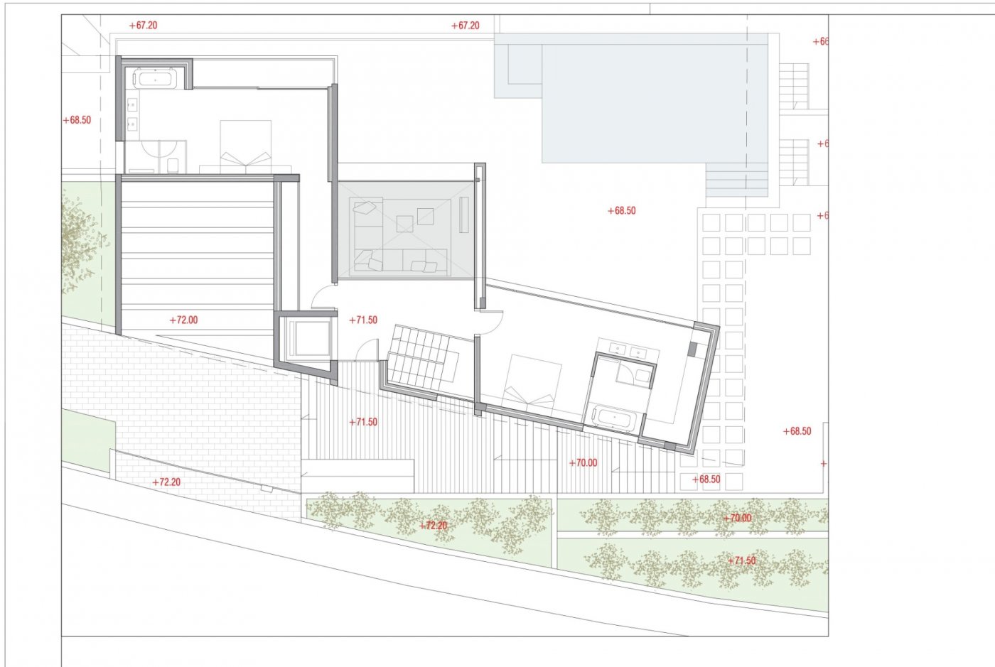 Plan d'architecte détaillé présentant deux suites avec salles de bains, un séjour central et une vaste terrasse avec piscine et indicateurs de niveau.