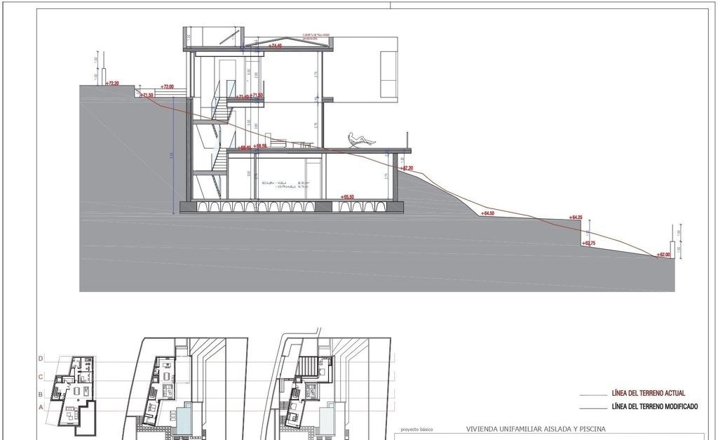 Plan de coupe technique et schémas de distribution pour une maison individuelle en pente, illustrant les niveaux, l'escalier et l'adaptation au terrain.