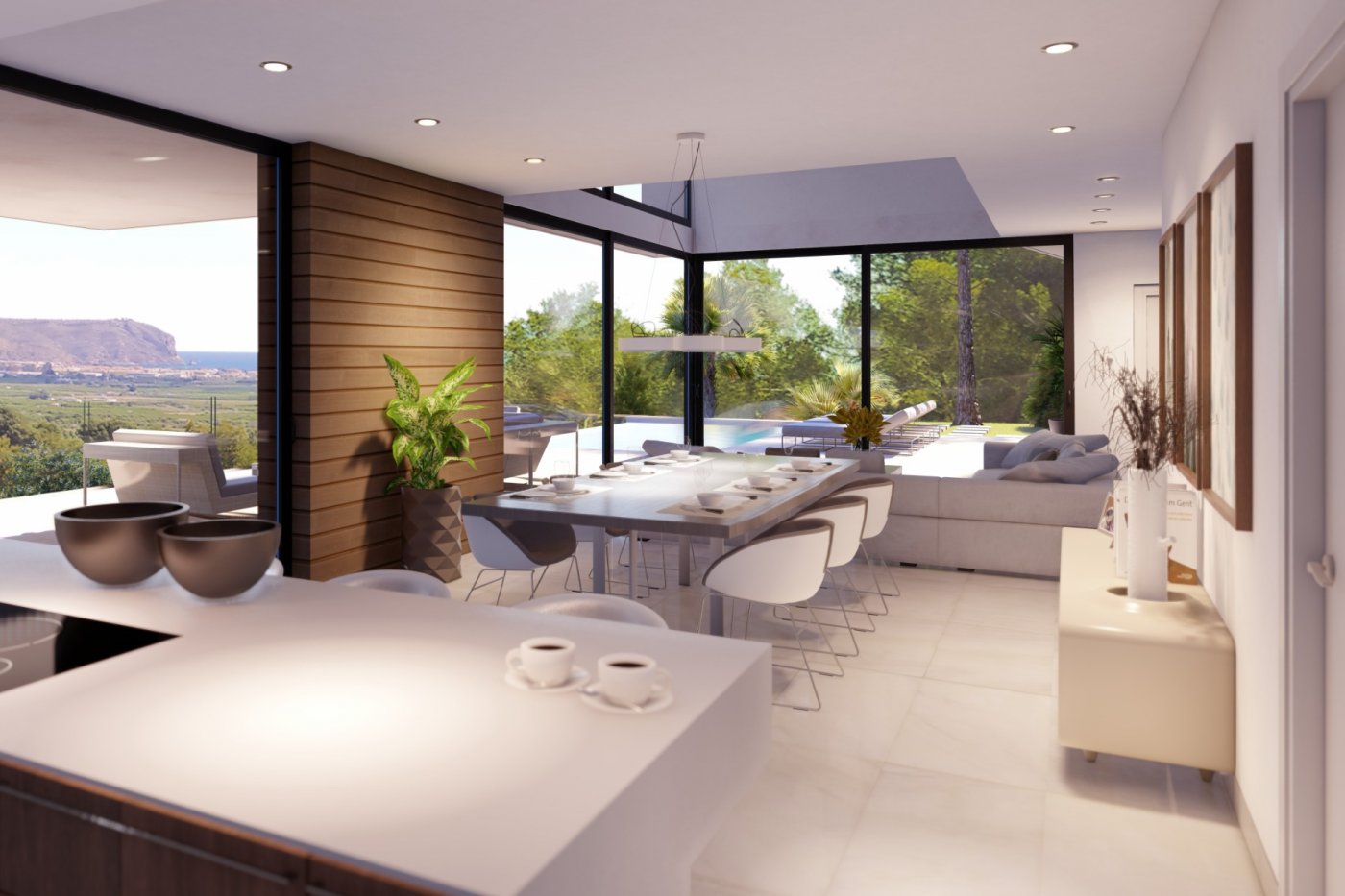 Salle à manger ouverte avec table pour huit, mur d'accent en bois et baies vitrées offrant une vue sur la piscine et les montagnes environnantes.