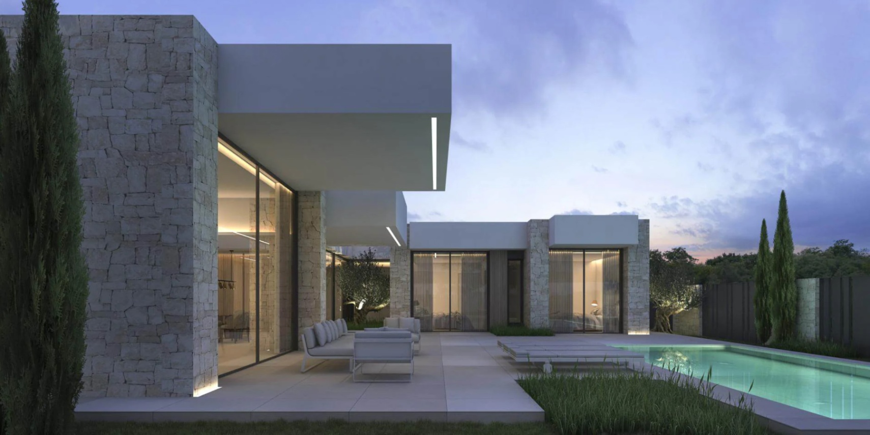 Extérieur de villa moderne avec murs en pierre, toits en porte-à-faux éclairés par LED, terrasse carrelée avec mobilier de salon et piscine au crépuscule.