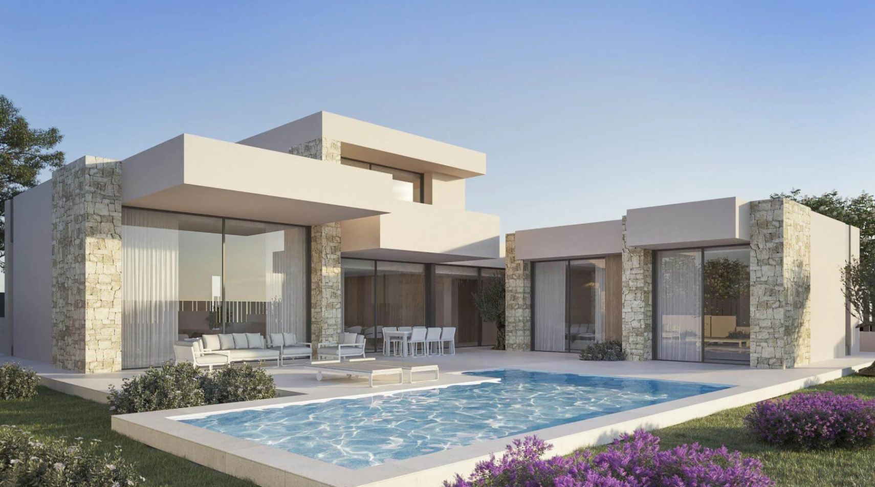 Extérieur d'une villa moderne avec piscine privée, murs en pierre naturelle et grandes baies vitrées. Comprend un salon et un coin repas extérieurs sur terrasse.