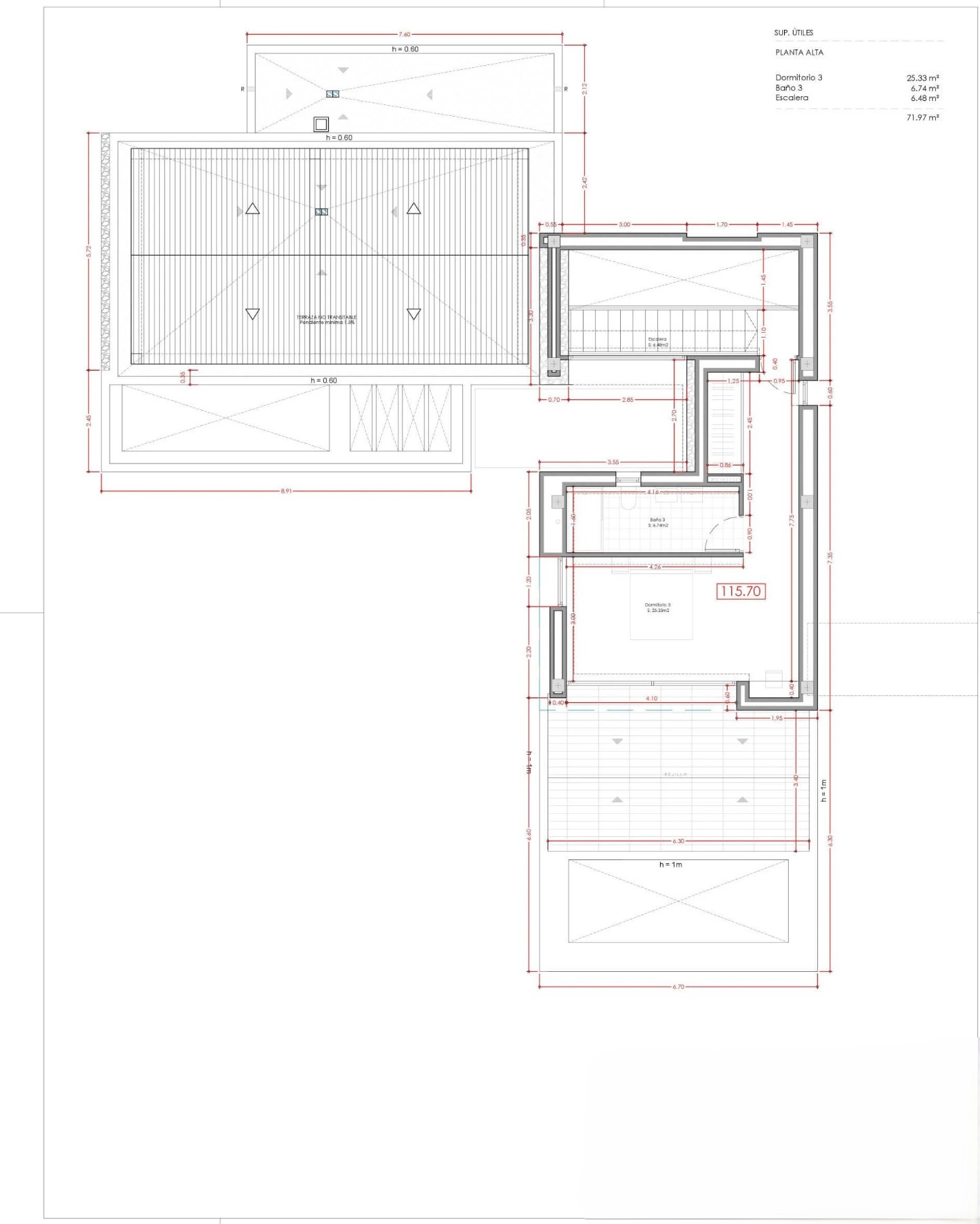 Plan d'architecte de l'étage supérieur détaillant la chambre 3, une salle de bain et l'escalier, avec une surface utile totale de 71,97 m² et des mesures précises.