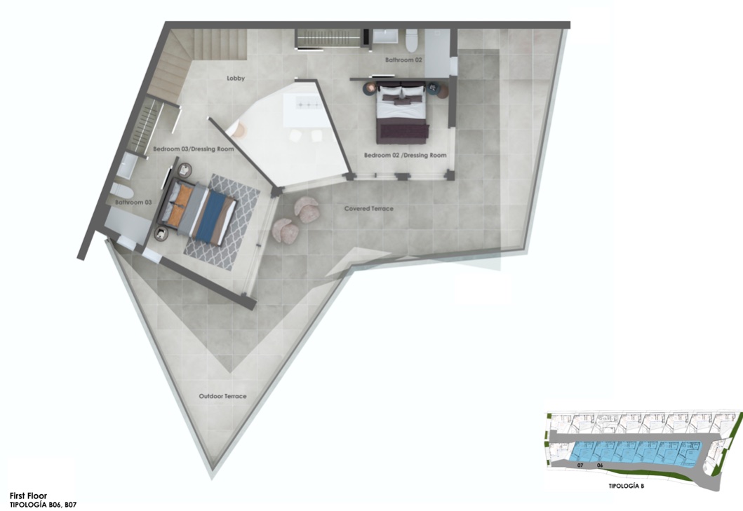 Plan d'étage détaillé du premier niveau, comprenant deux chambres avec dressings, salles de bains attenantes et une grande terrasse extérieure.