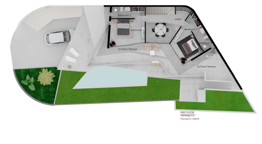 Plan d'étage détaillé du premier niveau comprenant deux chambres avec salles de bains attenantes, un hall central et de vastes terrasses avec piscine et jardin.
