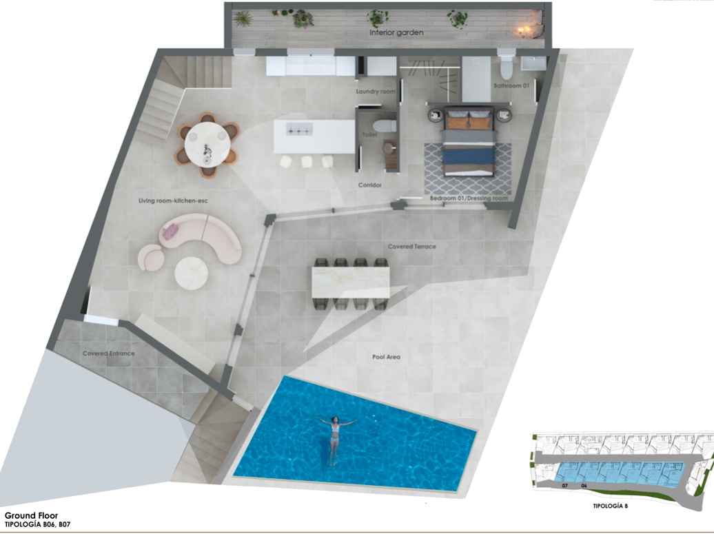 Plan d'étage détaillé d'un rez-de-chaussée comprenant un espace de vie ouvert, une suite parentale avec dressing et une terrasse avec piscine privée.