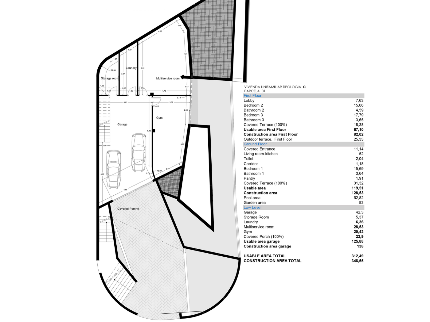 Plan technique du niveau inférieur détaillant le garage double, la salle de sport, la buanderie et les espaces de rangement avec tableau des surfaces.