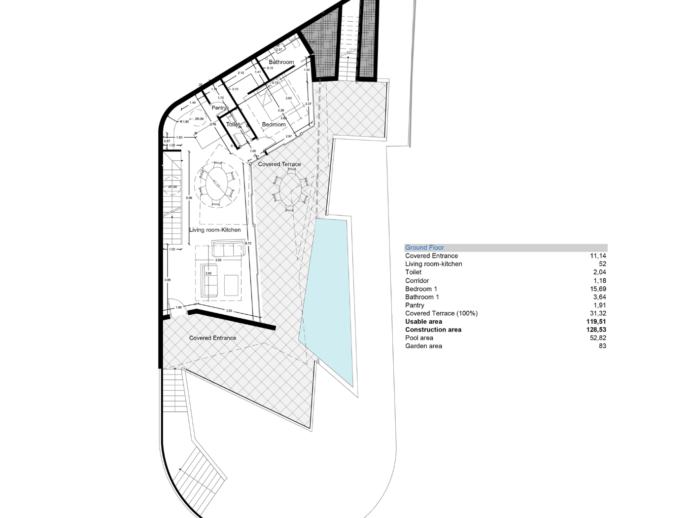 Plan technique du rez-de-chaussée incluant un séjour-cuisine ouvert, une chambre, un cellier et une terrasse couverte bordant la piscine privée.