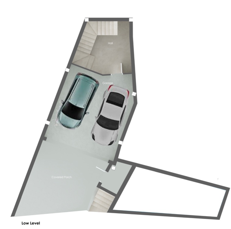 Plan d'architecte du niveau inférieur comprenant un double garage, un porche couvert et un hall d'entrée avec escalier.