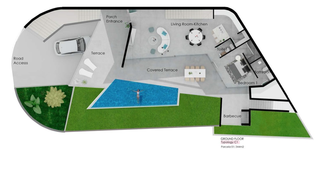 Plan détaillé du rez-de-chaussée comprenant un séjour-cuisine ouvert, une chambre avec salle de bain, une piscine géométrique et une terrasse couverte avec barbecue.