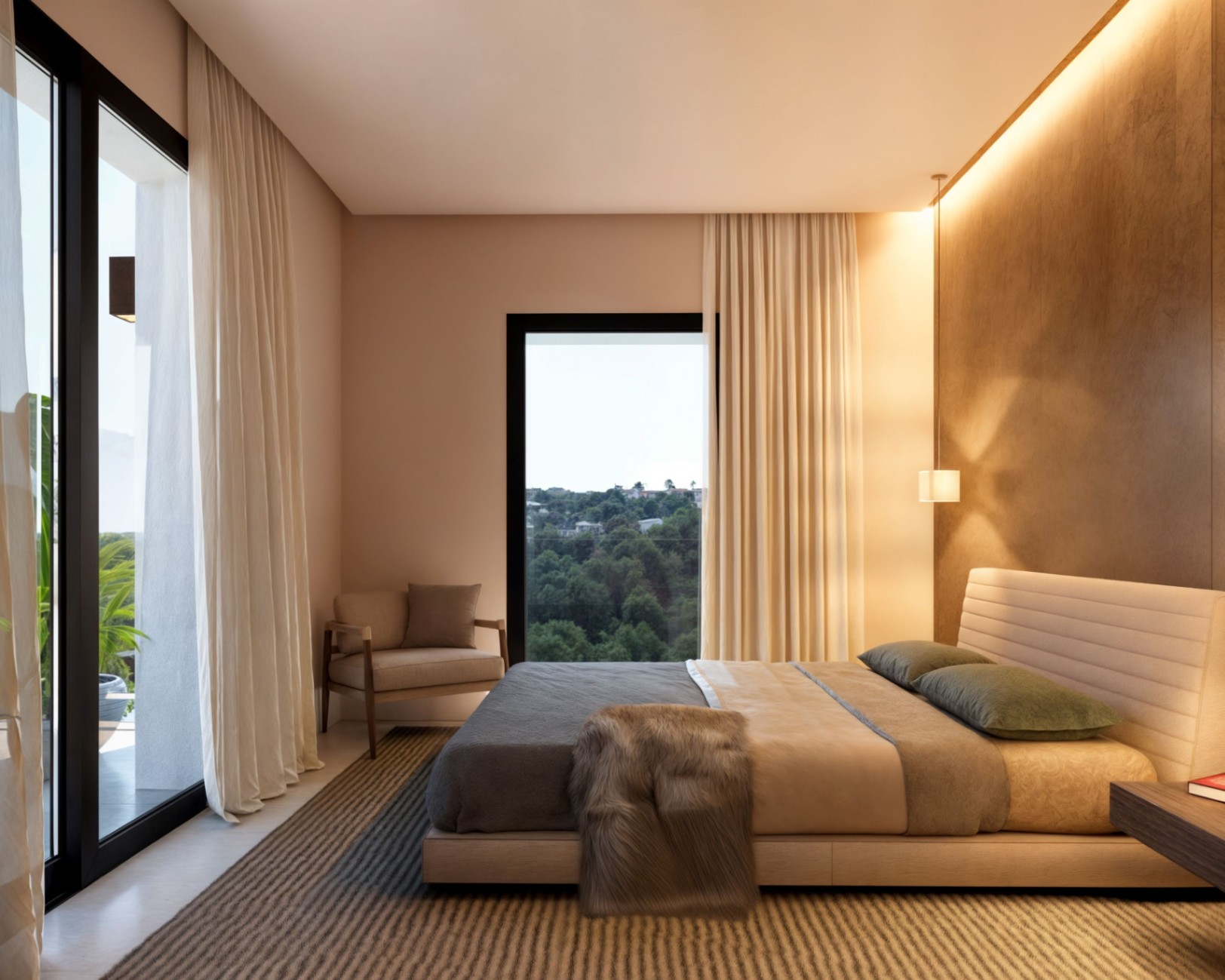 Chambre principale moderne avec mur d'accent texturé, éclairage LED intégré, grandes baies vitrées ouvrant sur une terrasse et vue sur la forêt environnante.