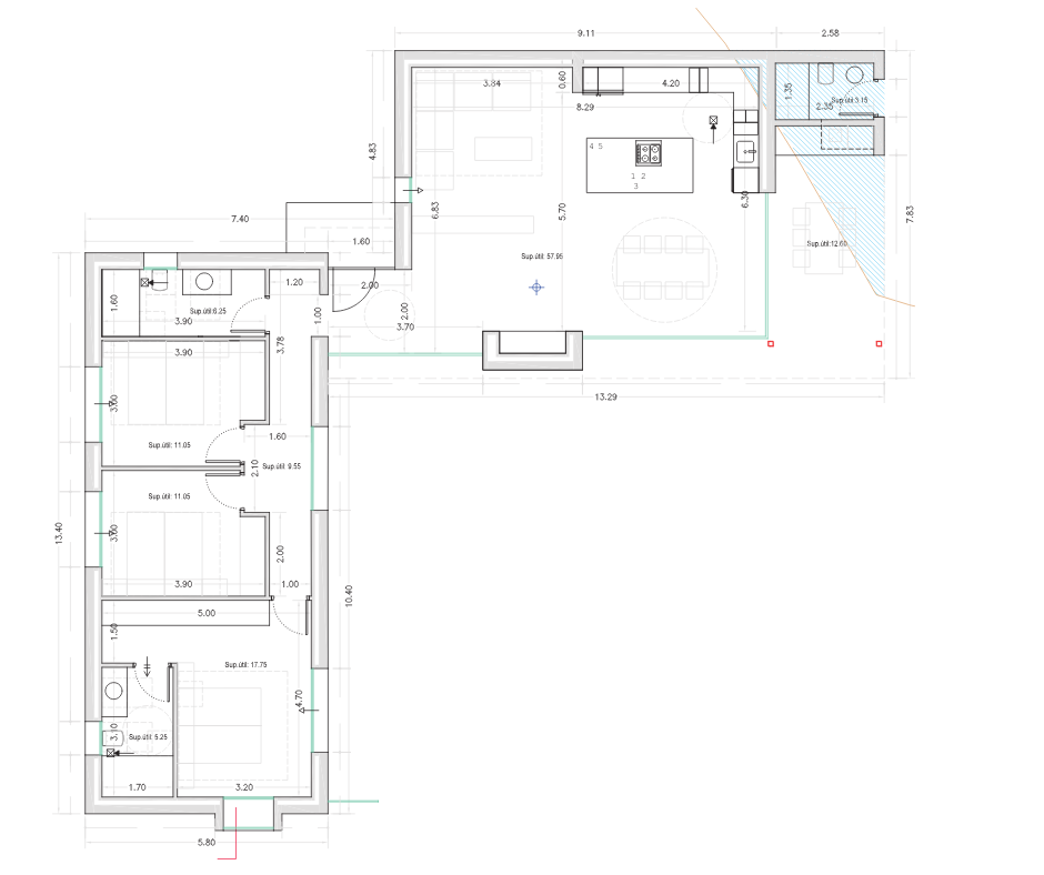 Plan technique illustrant un agencement en L avec un séjour ouvert de 57,95 m², trois chambres, deux salles de bains et une terrasse de 12,60 m².