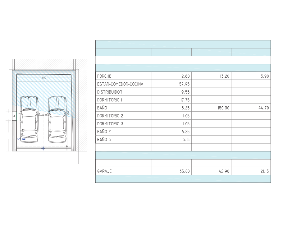 Plan technique présentant la disposition d'un double garage et un tableau détaillé des surfaces habitables par pièce.