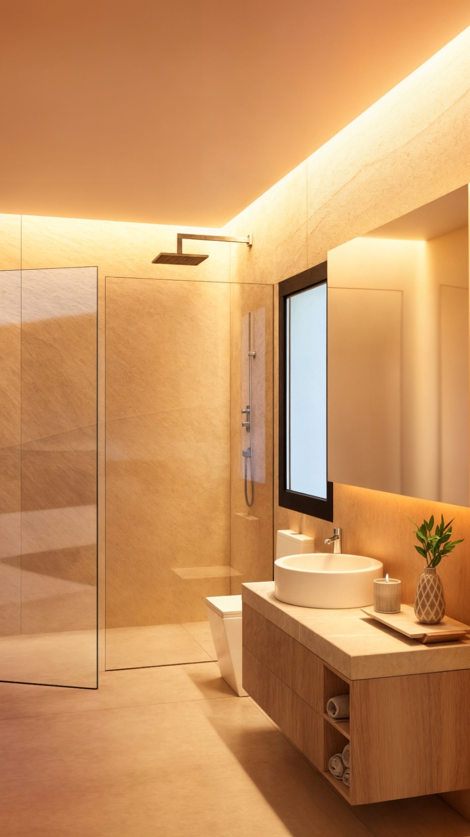 Salle de bain moderne avec douche vitrée, vasque à poser circulaire sur meuble en bois suspendu et éclairage LED indirect sur parois en pierre texturée.