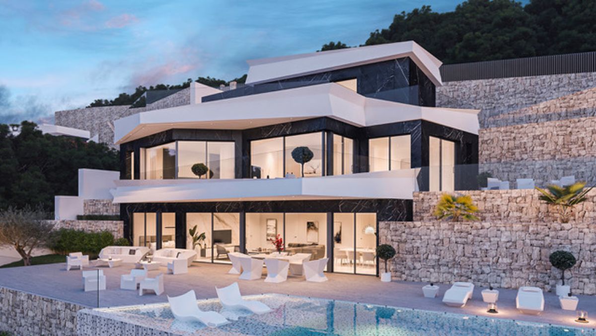 Villa moderne sur trois niveaux avec façades en marbre noir, surplombs blancs, vaste terrasse avec mobilier design et piscine bordée de murs en pierre naturelle.