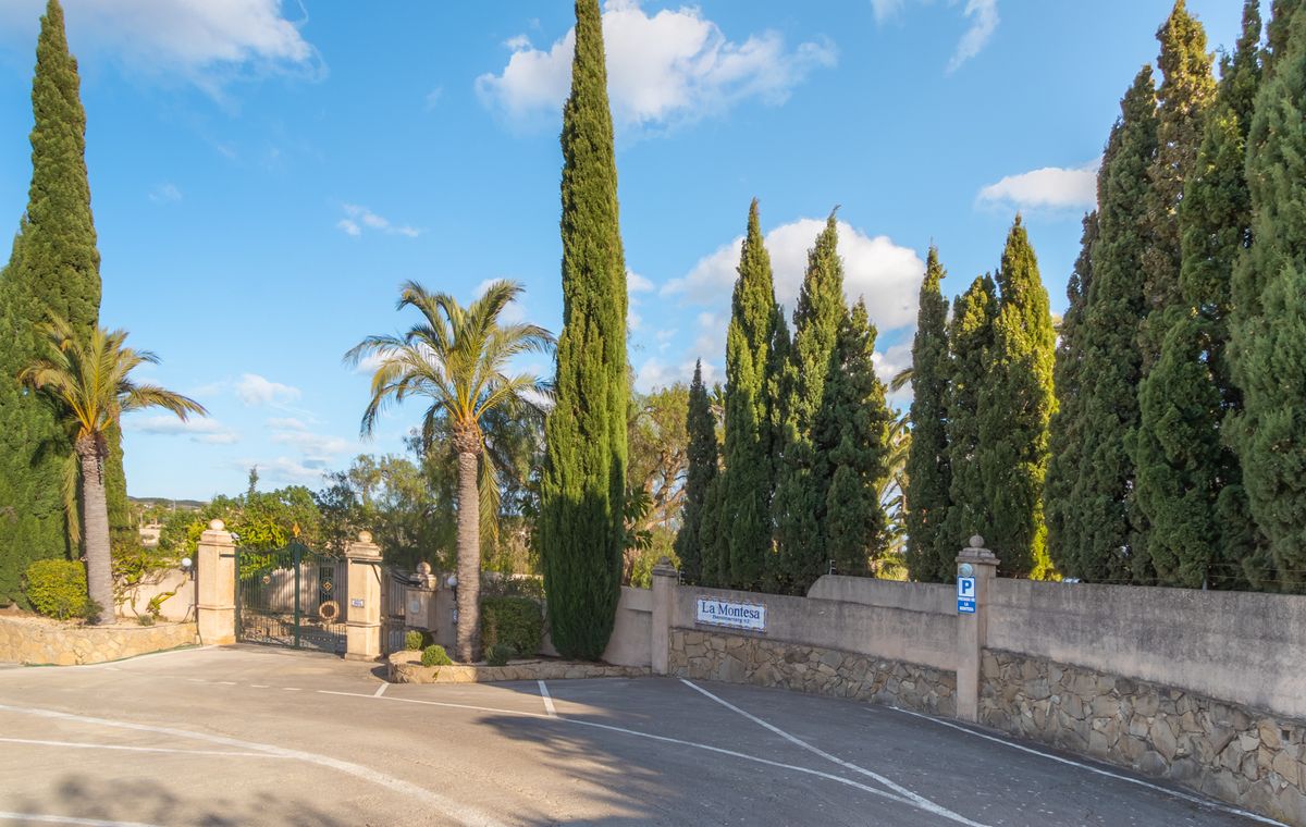 Entrée de La Montesa avec portail en fer forgé, murs d'enceinte en pierre et allée pavée bordée de grands cyprès et de palmiers.
