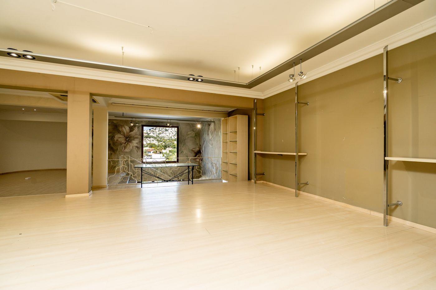 Espace ouvert avec parquet clair, éclairage de plafond intégré et structures d'exposition métalliques. Une grande fenêtre donne sur un paysage de colline.