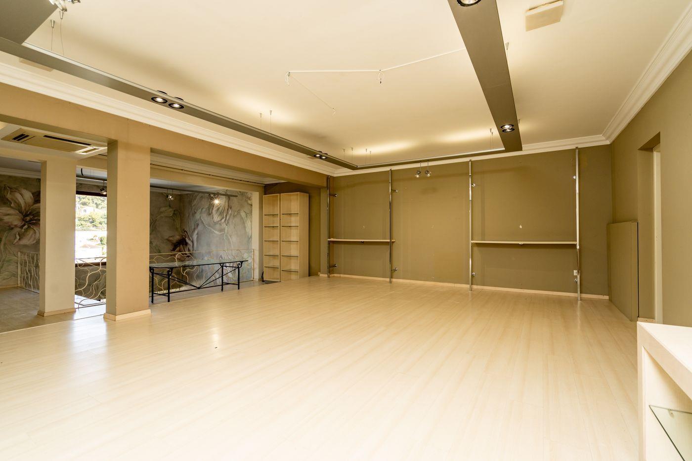 Grande pièce ouverte avec sol en stratifié clair, éclairage sur rails intégrés au plafond et structures de rangement murales en métal.