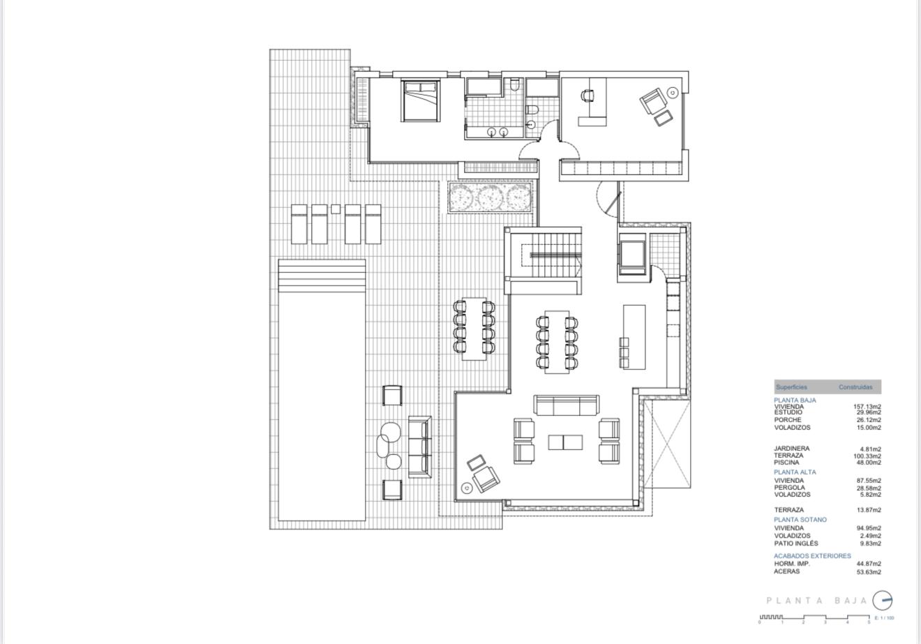 Plan d'architecte détaillé du rez-de-chaussée comprenant un espace de vie ouvert, une cuisine avec îlot, une terrasse avec piscine et une suite parentale.