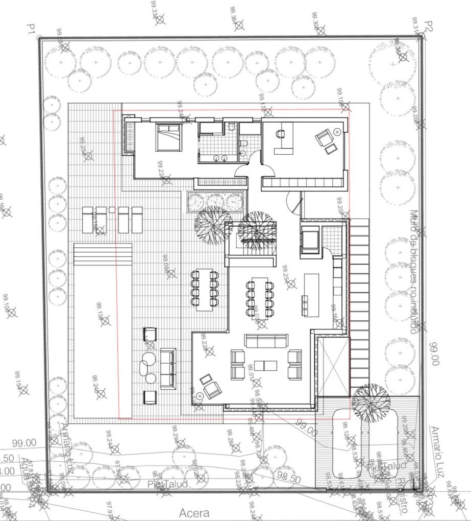 Plan technique détaillé d'une villa comprenant une piscine, une terrasse spacieuse, un salon ouvert, une cuisine avec îlot et un jardin paysager périphérique.