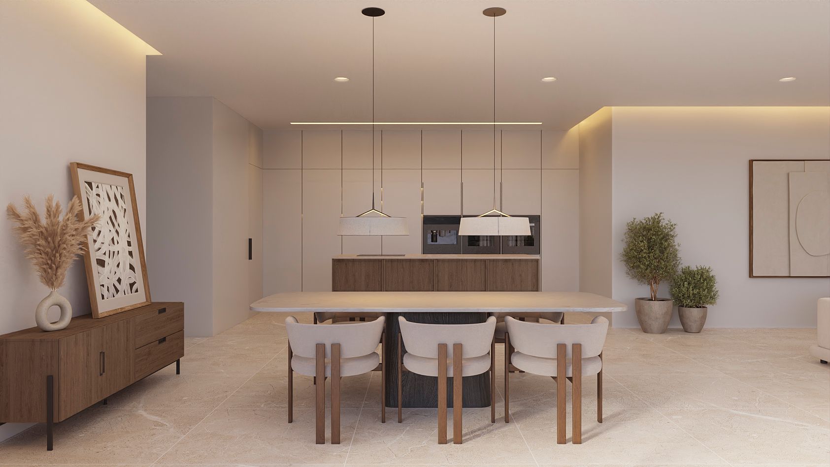 Salle à manger à aire ouverte avec table en pierre, luminaires suspendus minimalistes et cuisine intégrée avec îlot en bois sombre et sol en pierre.