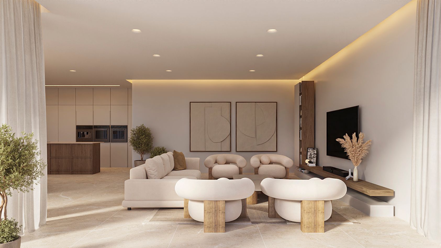 Salon à aire ouverte avec fauteuils sculpturaux, canapé neutre et console TV flottante en bois. L'espace comprend une cuisine minimaliste avec un îlot central en bois sombre.