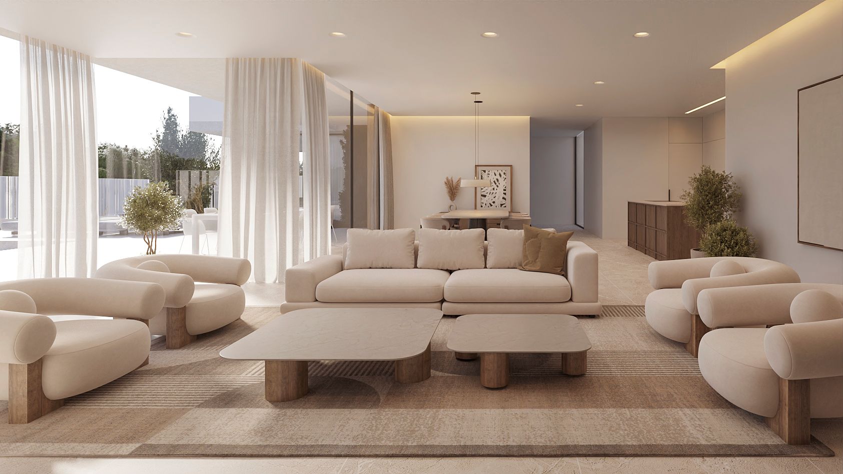 Salon ouvert avec fauteuils sculpturaux, tables basses en pierre et bois, et grandes baies vitrées voilées. L'éclairage encastré souligne une palette de couleurs neutres et élégantes.