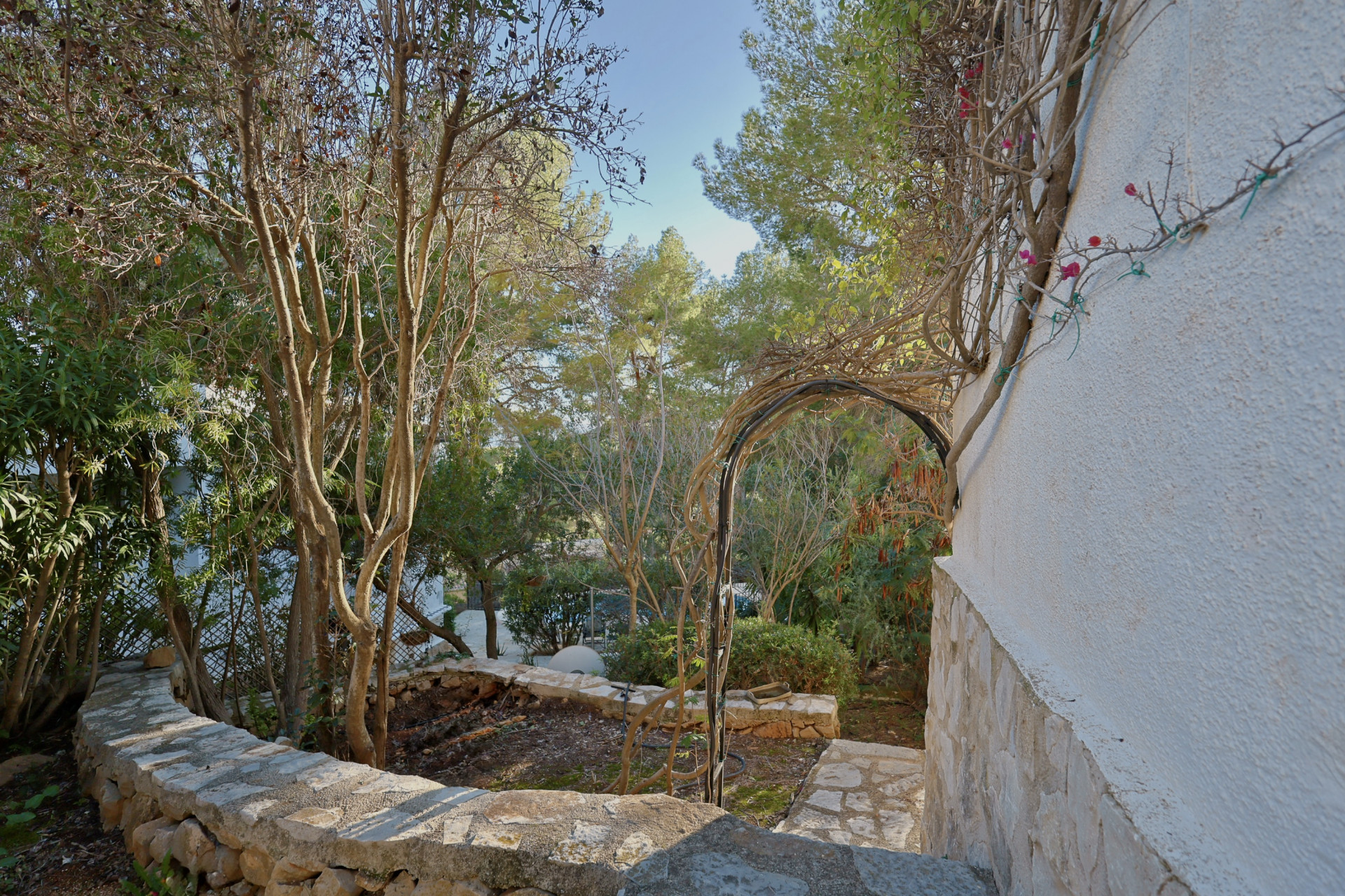 Jardin méditerranéen avec murets en pierre naturelle, arche métallique pour plantes grimpantes et végétation arborée bordant une façade blanche.