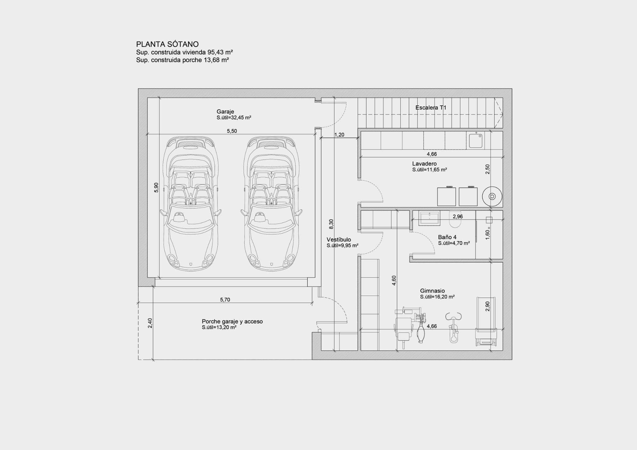 Plan technique du sous-sol illustrant un garage double, une salle de sport, une buanderie séparée et une salle de bain avec les surfaces utiles.