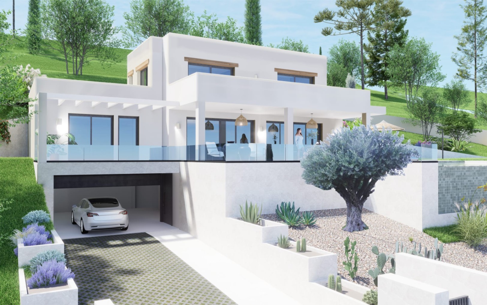 Vue extérieure d'une villa blanche moderne avec garage au niveau inférieur, vaste terrasse vitrée et jardin méditerranéen composé d'oliviers et de cactus.