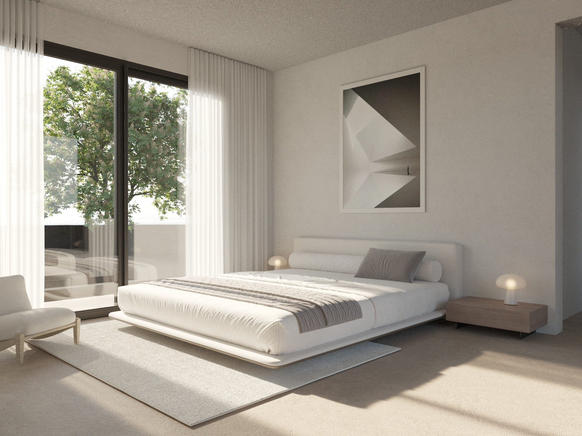 Chambre moderne avec lit plateforme bas, tables de chevet minimalistes et baies vitrées toute hauteur offrant un accès direct à une terrasse privée.