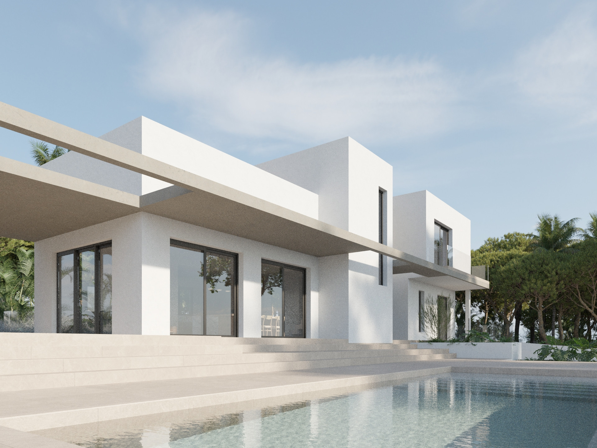 Façade minimaliste aux volumes blancs géométriques, poutres en béton apparent et terrasse en pierre bordant une piscine aux eaux cristallines.