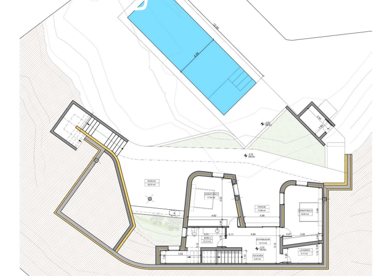 Plan d'architecte détaillé présentant une piscine de 12x4 mètres, deux chambres, une salle de bain et une buanderie avec des espaces de porche couverts.