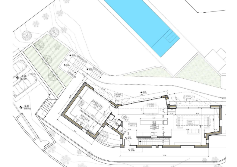Plan technique détaillant l'agencement intérieur avec suite parentale, séjour ouvert, cuisine moderne, pergolas extérieures et espace piscine.